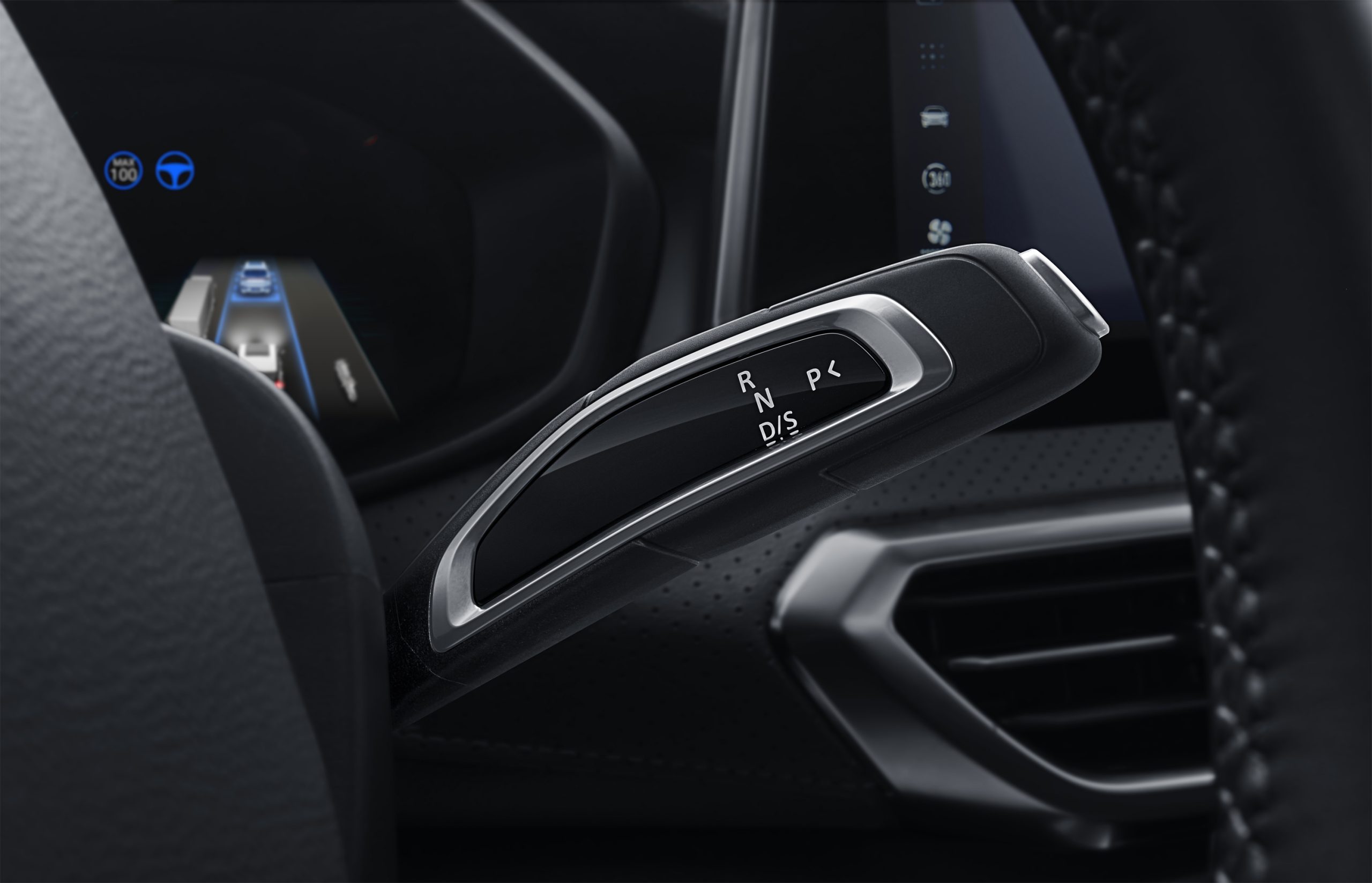 Image of steering switch lever and black interiors of the driver's side of the MG G50 Plus.