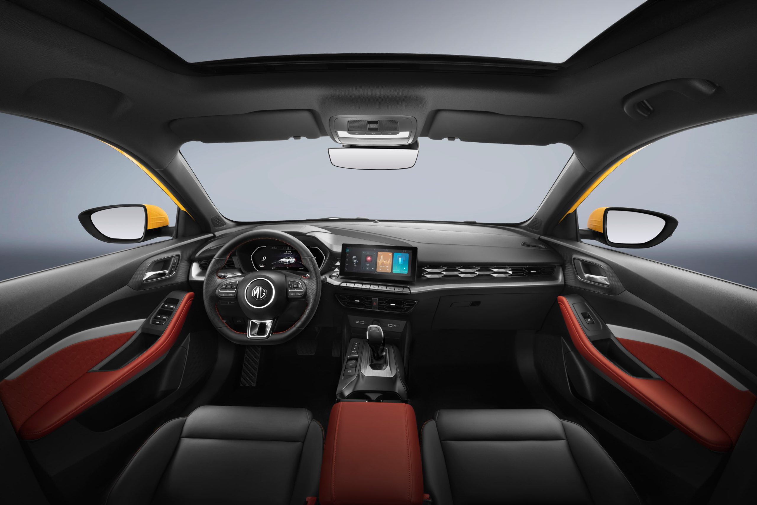 Image of interior shot of MG GT's leather seats, front dashboard, and sunroof