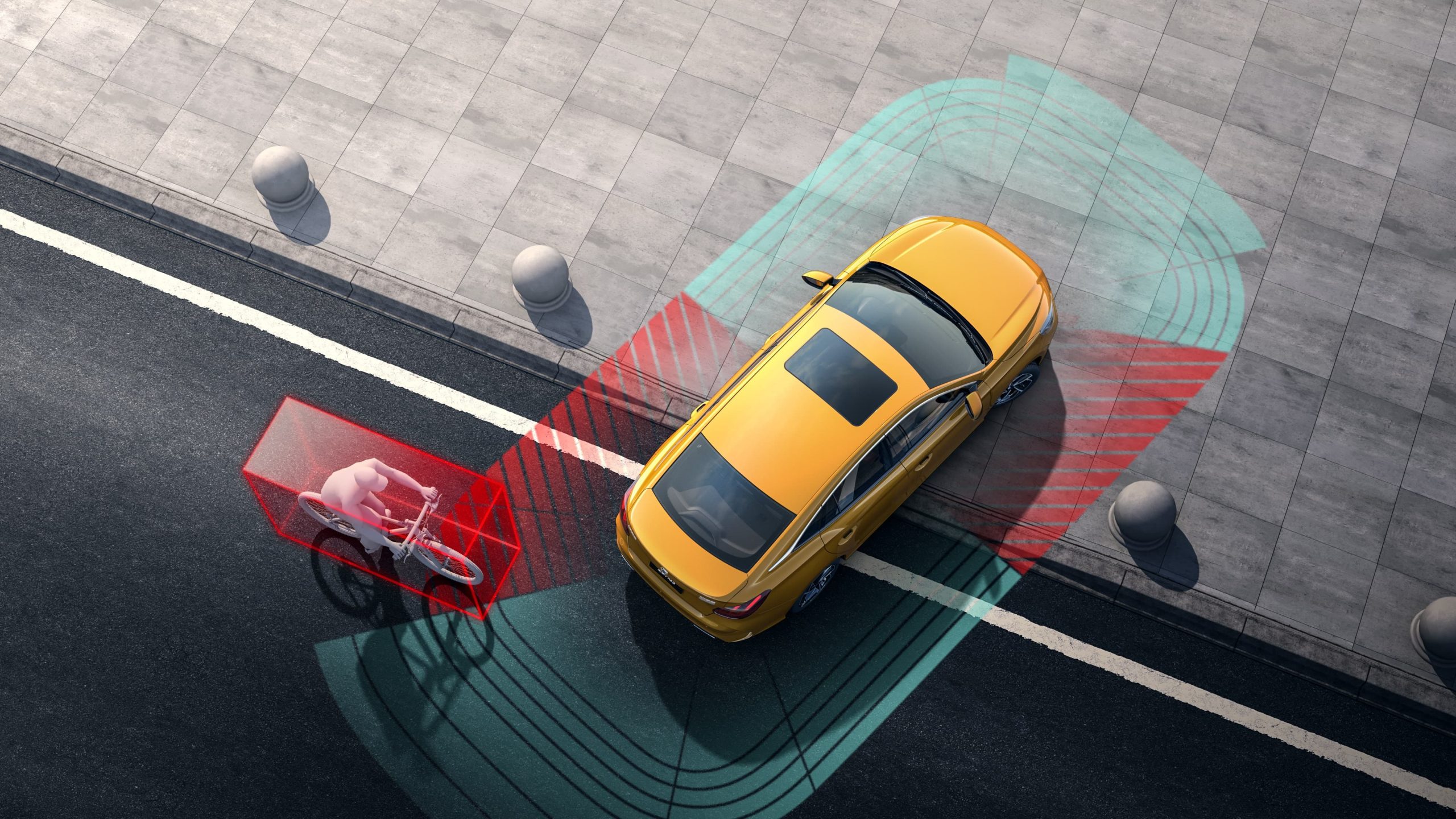 Overhead image of a yellow MG GT's Advanced Driver Assistance Systems
