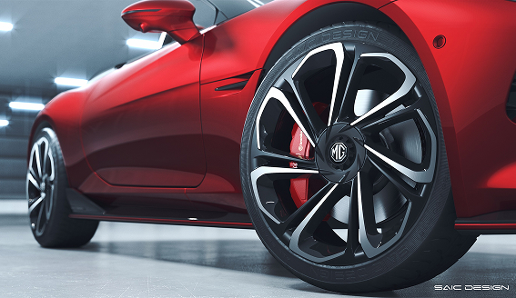 19-inch Alloy Wheels of a red MG Cyberster EV