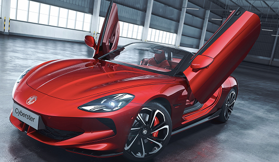 Electric Scissor doors of a red MG Cyberster EV