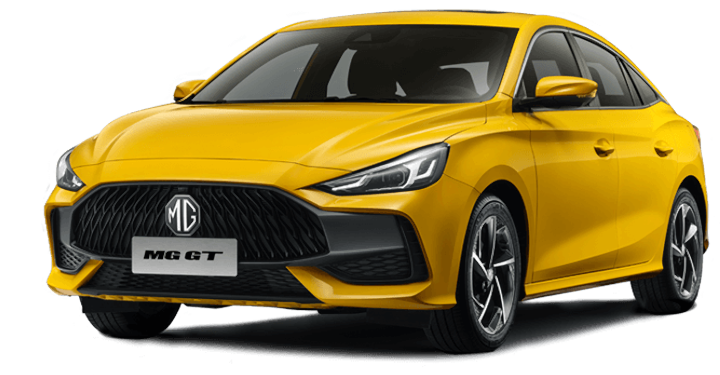 Image of yellow MG GT facing forward