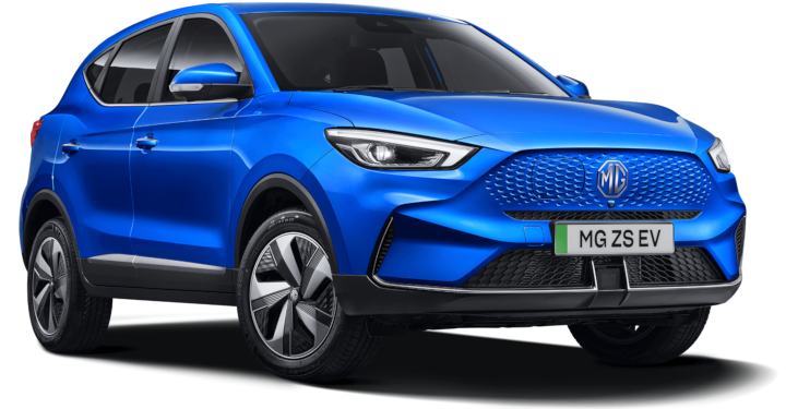 Image of three-quarters view of blue MG ZS EV.