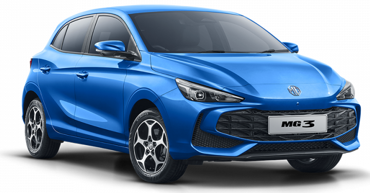 Image of a blue MG 3 facing forward.