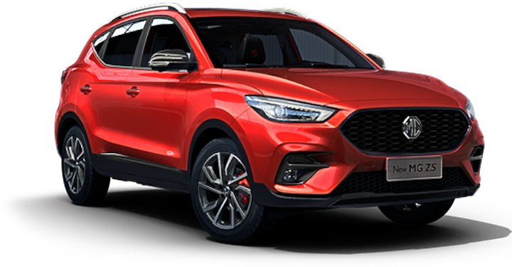Image of three-quarter view view of red MG ZS.